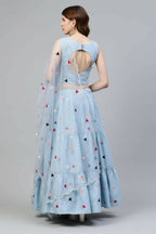 Sky Blue Cotton Embroidered Work Lehenga Choli with Dupatta - Jivika | Grocsy