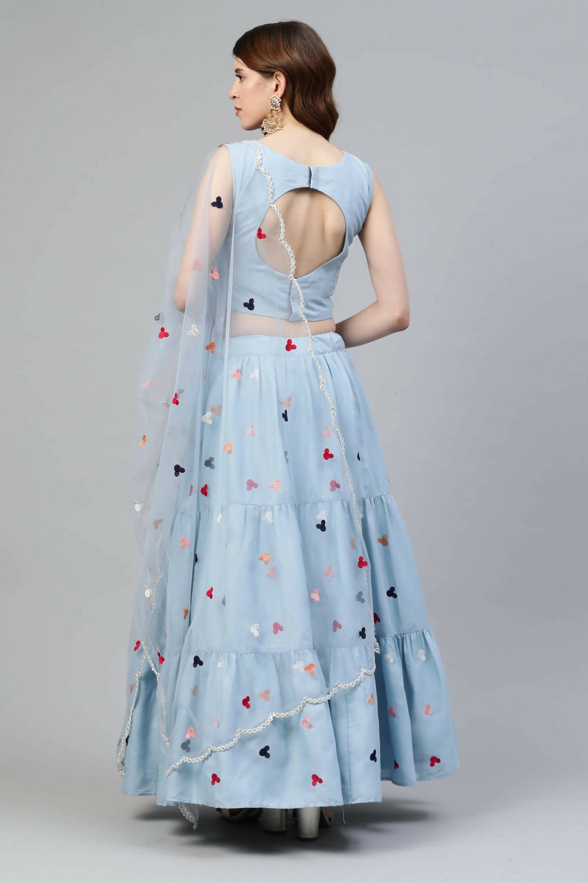 Sky Blue Cotton Embroidered Work Lehenga Choli with Dupatta - Jivika | Grocsy