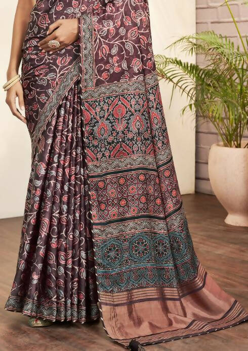 Purple Gajji Silk Floral Print with Hand work Border Saree - Norita Nirvi | Grocsy