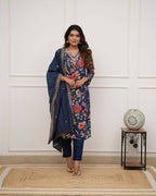 The52 Blue Women's Gorgeous Printed Pure Russian Silk Fabric Straight Kurta Pant with Dupatta Set | Grocsy