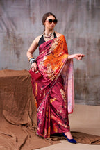 Vastranavya Maroon Satin Silk Printed Saree with a Natural Silk Unstitched Blouse | Grocsy