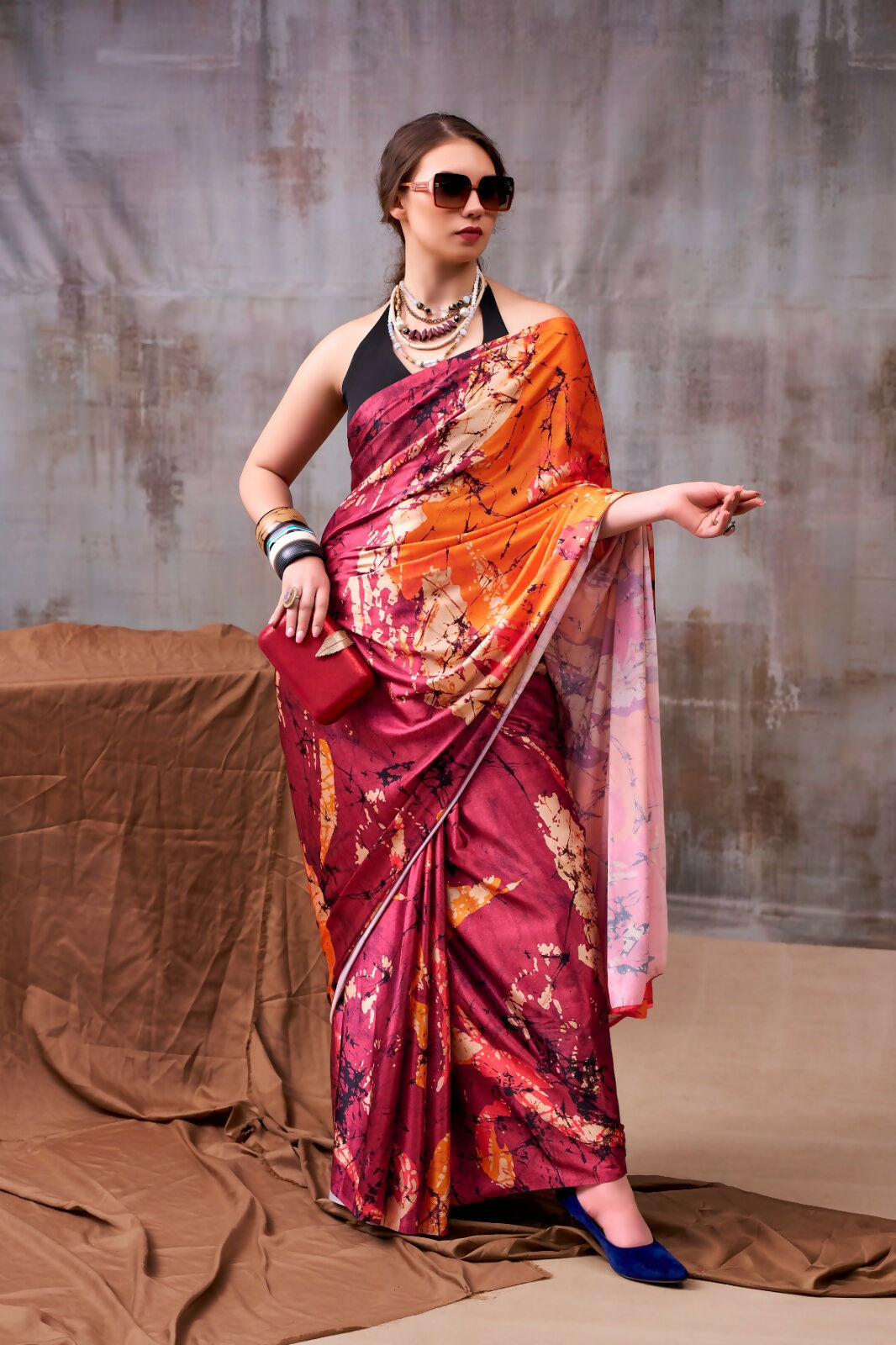 Vastranavya Maroon Satin Silk Printed Saree with a Natural Silk Unstitched Blouse | Grocsy