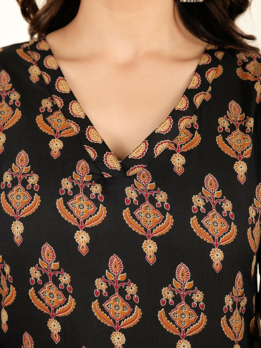 Aramya Black Soft Cotton Floral Print Straight Kurta Pant Set for Women | Grocsy