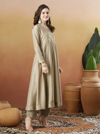The52 Chiku Women's Beautiful Vichitra Silk Fabric Embroidered Work Flared Anarkali Pant and Dupatta Set | Grocsy
