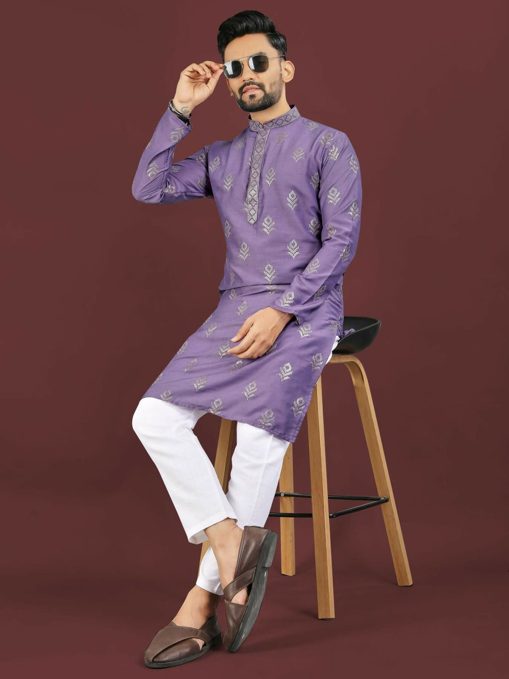 Anaita Purple Embroidered Silk Straight Kurta | Grocsy