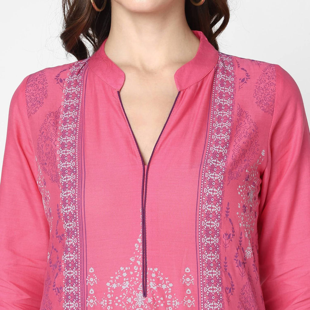 Cheera Hand Block Print Baby Pink Straight Kurta (MAAI-048K) | Grocsy