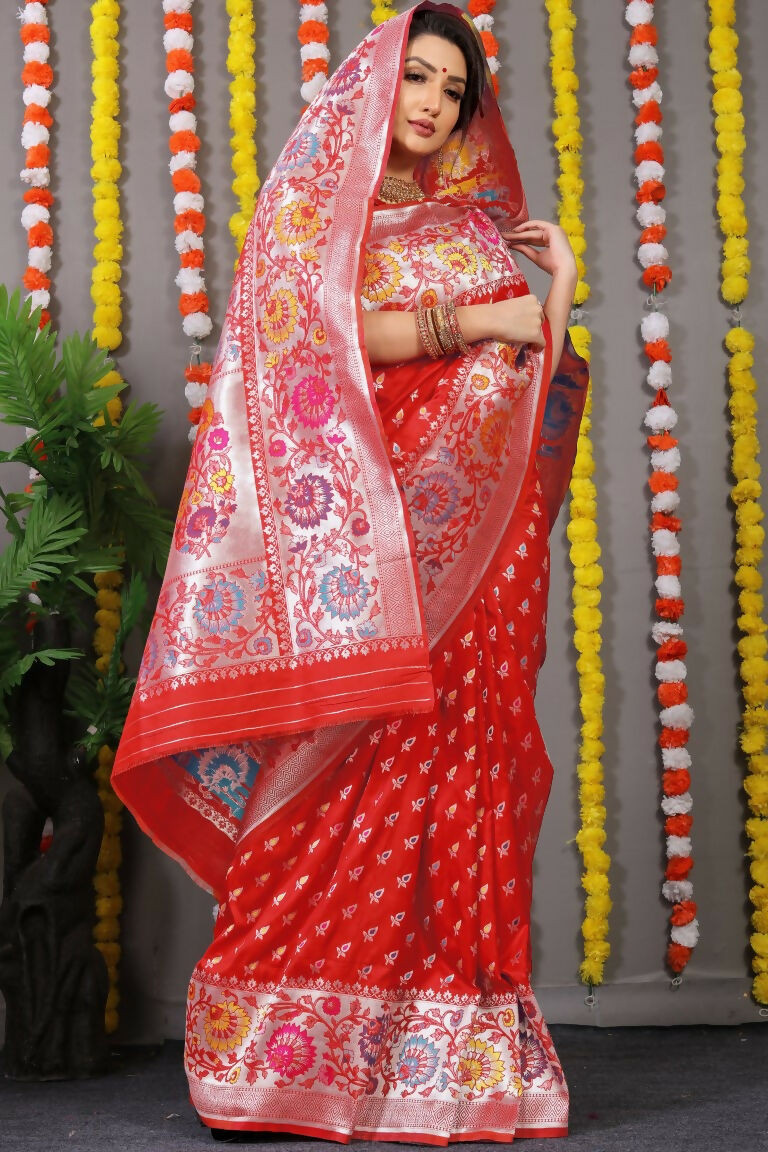 Jyoti Fashion Women's Red Banarasi Silk Zari Woven Saree with Blouse | Grocsy