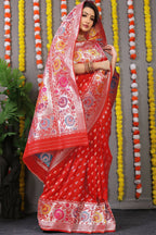 Jyoti Fashion Women's Red Banarasi Silk Zari Woven Saree with Blouse | Grocsy