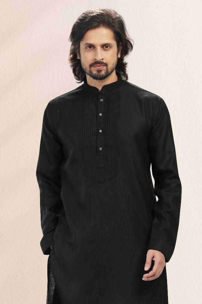Raivat Ethnic Linen Cotton Pintux Work Kurta Pajama In Black Colour | Grocsy