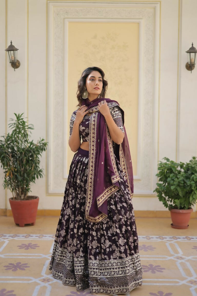 Vastranavya Designer Dyeable Pure Viscose Jacquard Fabric Lehenga Choli & Dupatta Set - Wine | Grocsy
