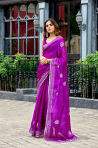 Vastranavya Purple Embroidery Work Shimmer Chiffon Saree with Unstitched Blouse | Grocsy