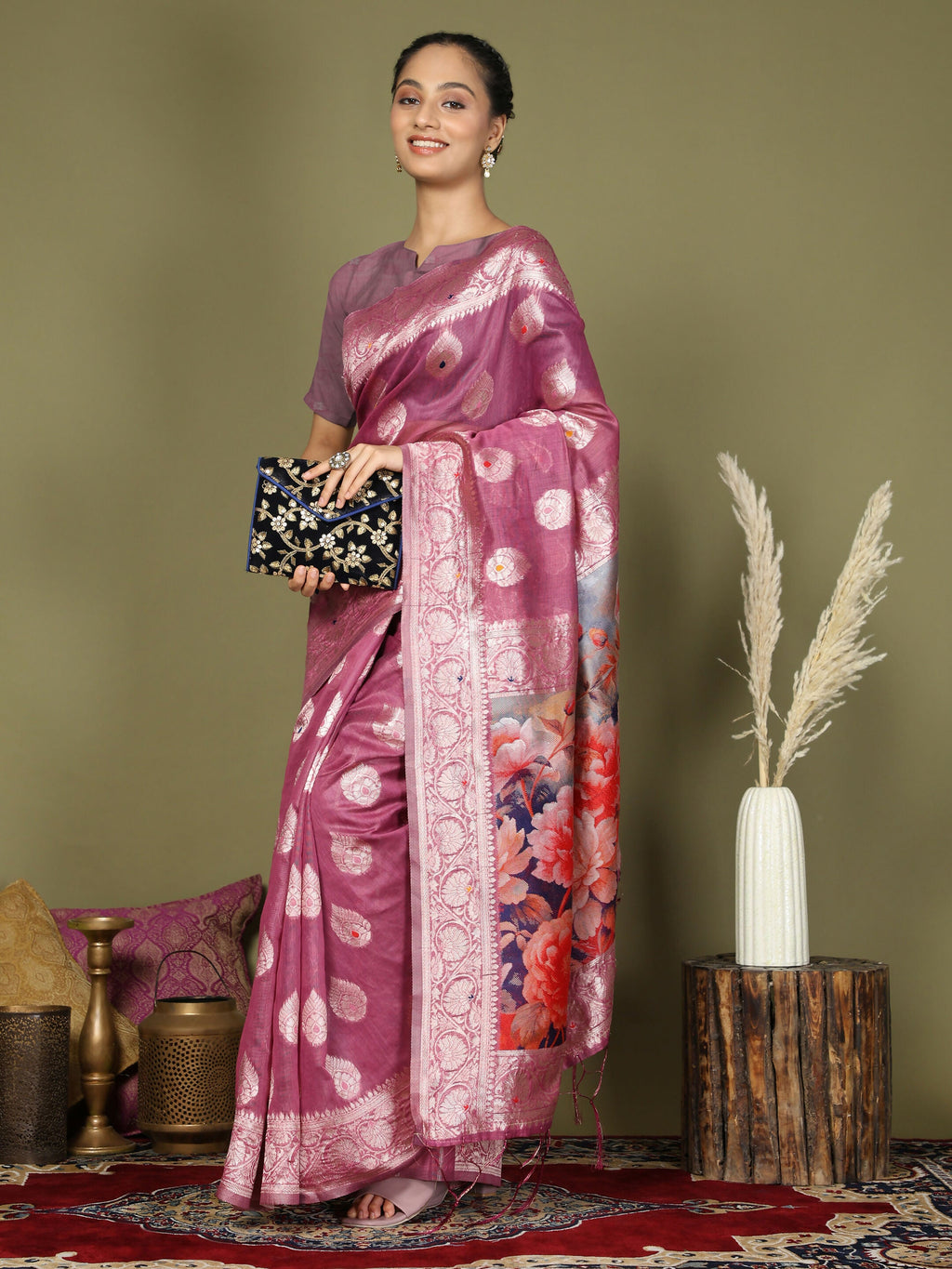 Shree Shyam Fashion Linen Cotton Pink Saree | Grocsy
