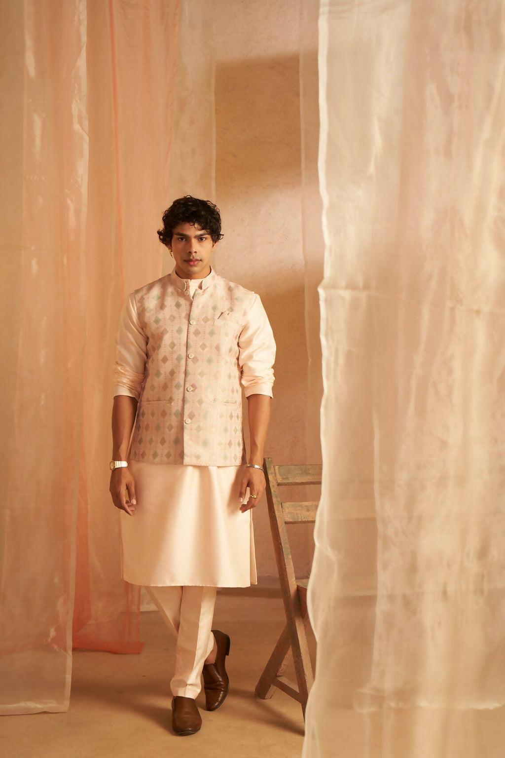 Peach Viscose Designer Printed Men's Kurta Set with Koti - Mahotsav | Grocsy