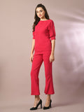 Myshka Women's Pink Solid Boat Neck Party Top With Trousers Co-ord set | Grocsy