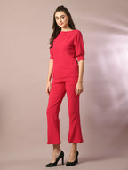 Myshka Women's Pink Solid Boat Neck Party Top With Trousers Co-ord set | Grocsy