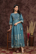 Juniper Women Teal Shantoon Printed Anarkali Dress | Grocsy