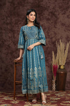 Juniper Women Teal Shantoon Printed Anarkali Dress | Grocsy
