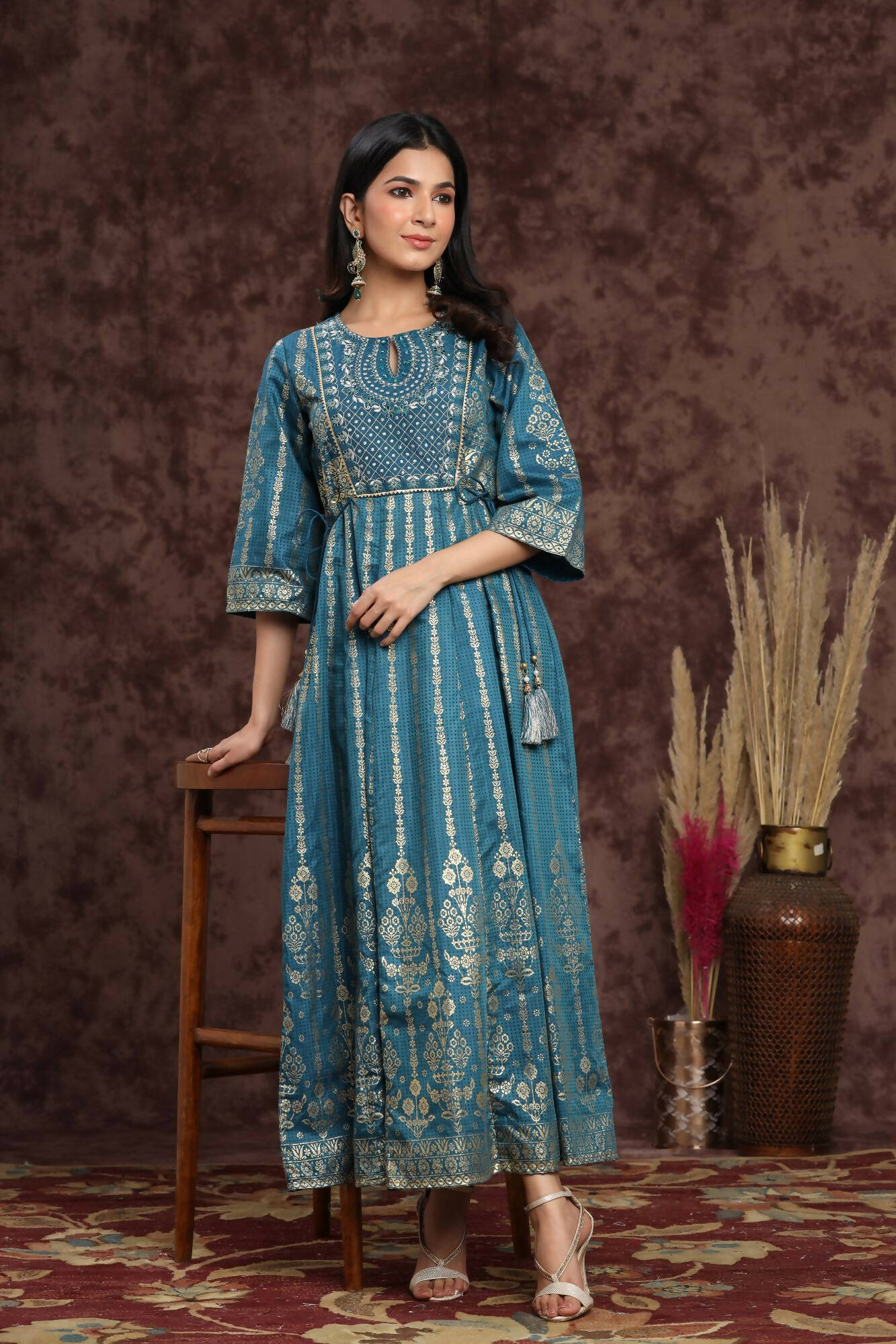 Juniper Women Teal Shantoon Printed Anarkali Dress | Grocsy