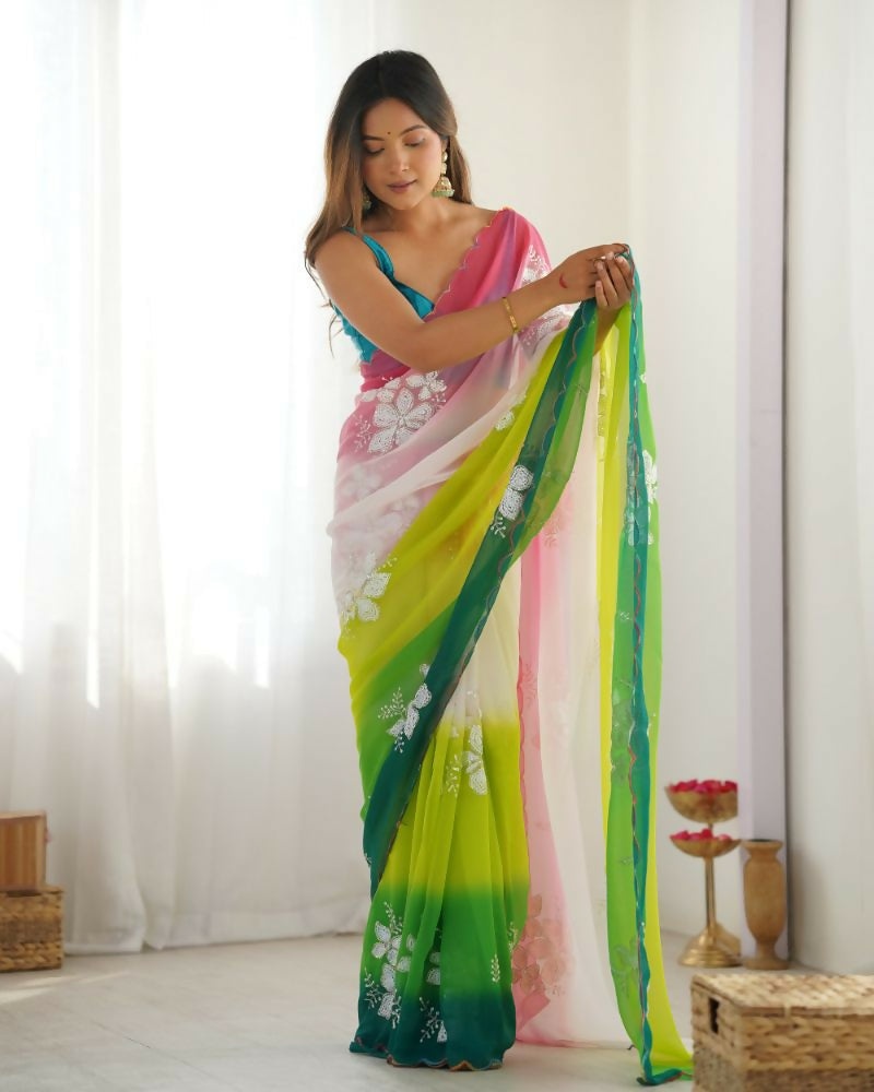 Green Georgette Pedding Color, Embroidery Work Party Wear Saree - Erisha | Grocsy