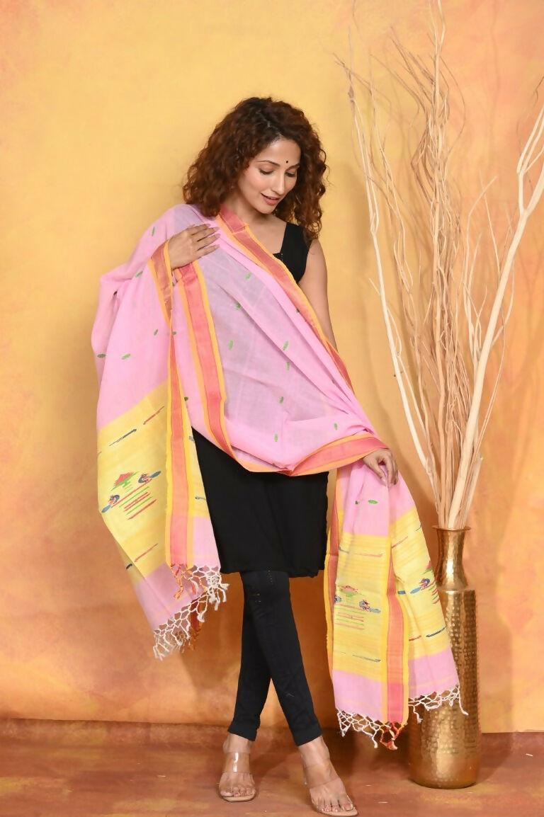 Very Much Indian Handloom Pure Cotton Paithani Dupatta Pink | Grocsy