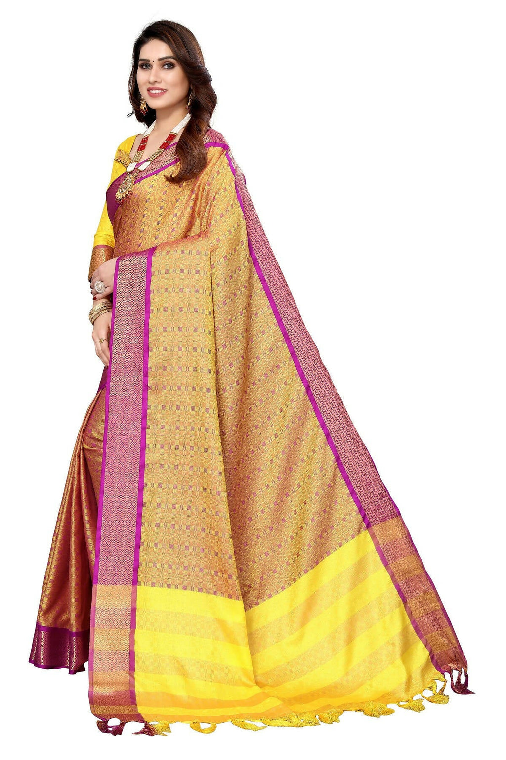 Vamika Weaving Yellow Cotton Silk Saree | Grocsy