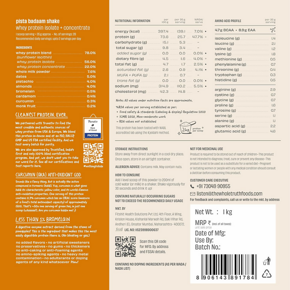 The Whole Truth Whey Protein Isolate+Concentrate - Pista Badaam Shake | Grocsy