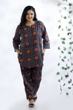 Breathables Women’S Blue Cotton Geometric Print Loungewear Co-Ord Set – Hip-Length Kurta & Pants | Grocsy