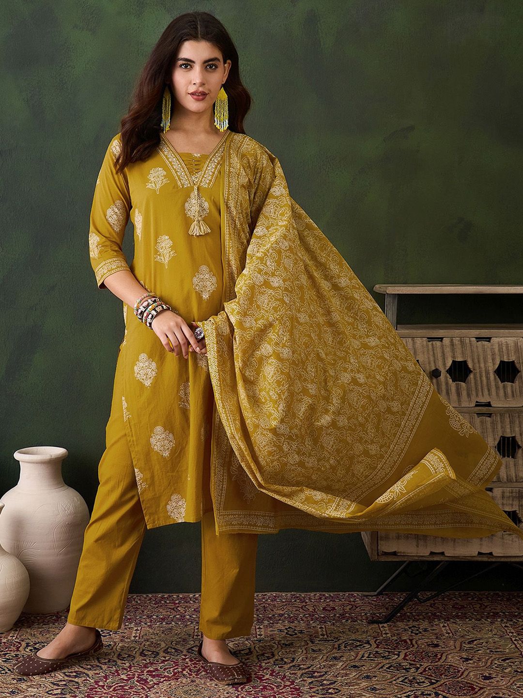 Sangria Printed Pure Cotton Straight Kurta , Trouser & Dupatta Set | Grocsy