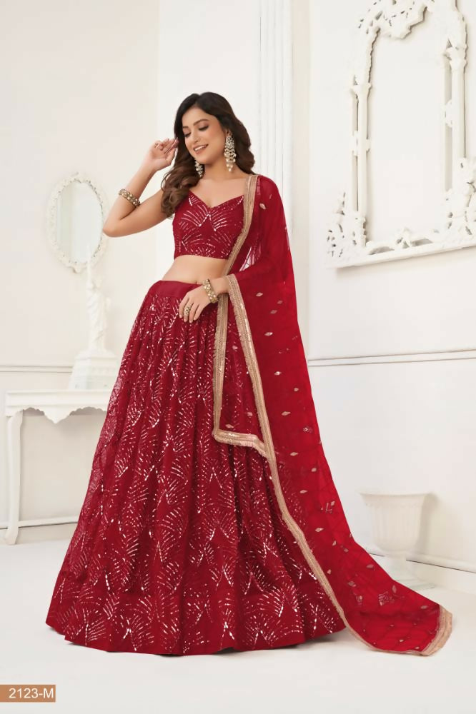 Aastha Fashion Maroon Butterfly Net Tone To Tone Thread Work, Sequence Work And Original Mirror Work Embroidery Wedding Wear Lehenga Choli | Grocsy