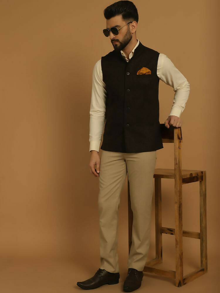 Even Apparels Nehru Jacket With Welt Pockets - Brown | Grocsy