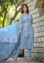 Kaajh Women's Blue Printed Kurta Pant Set With Dupatta | Grocsy
