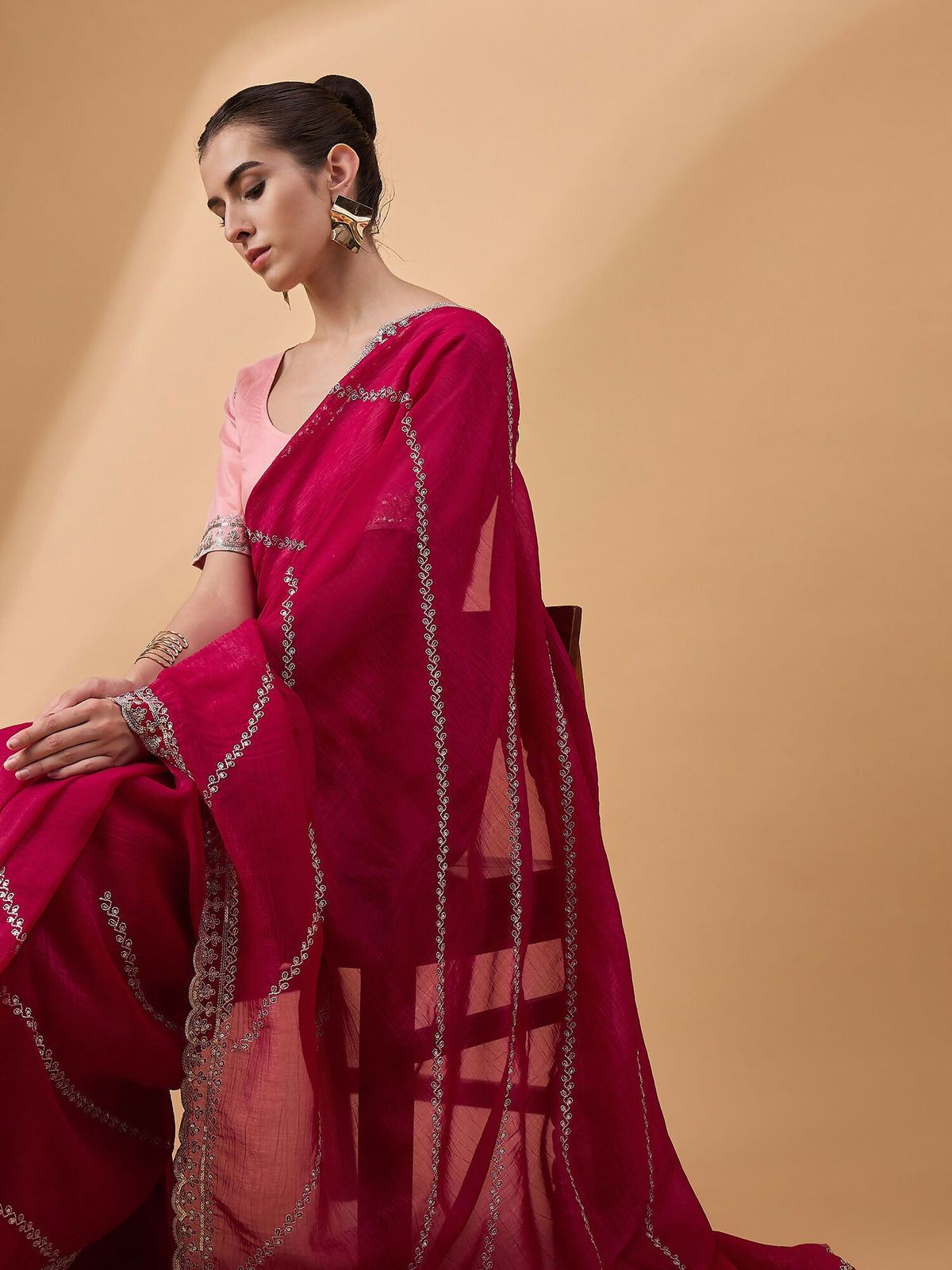 Pink Muslin Embroidered Saree with Unstitched Blouse Piece - Satya | Grocsy