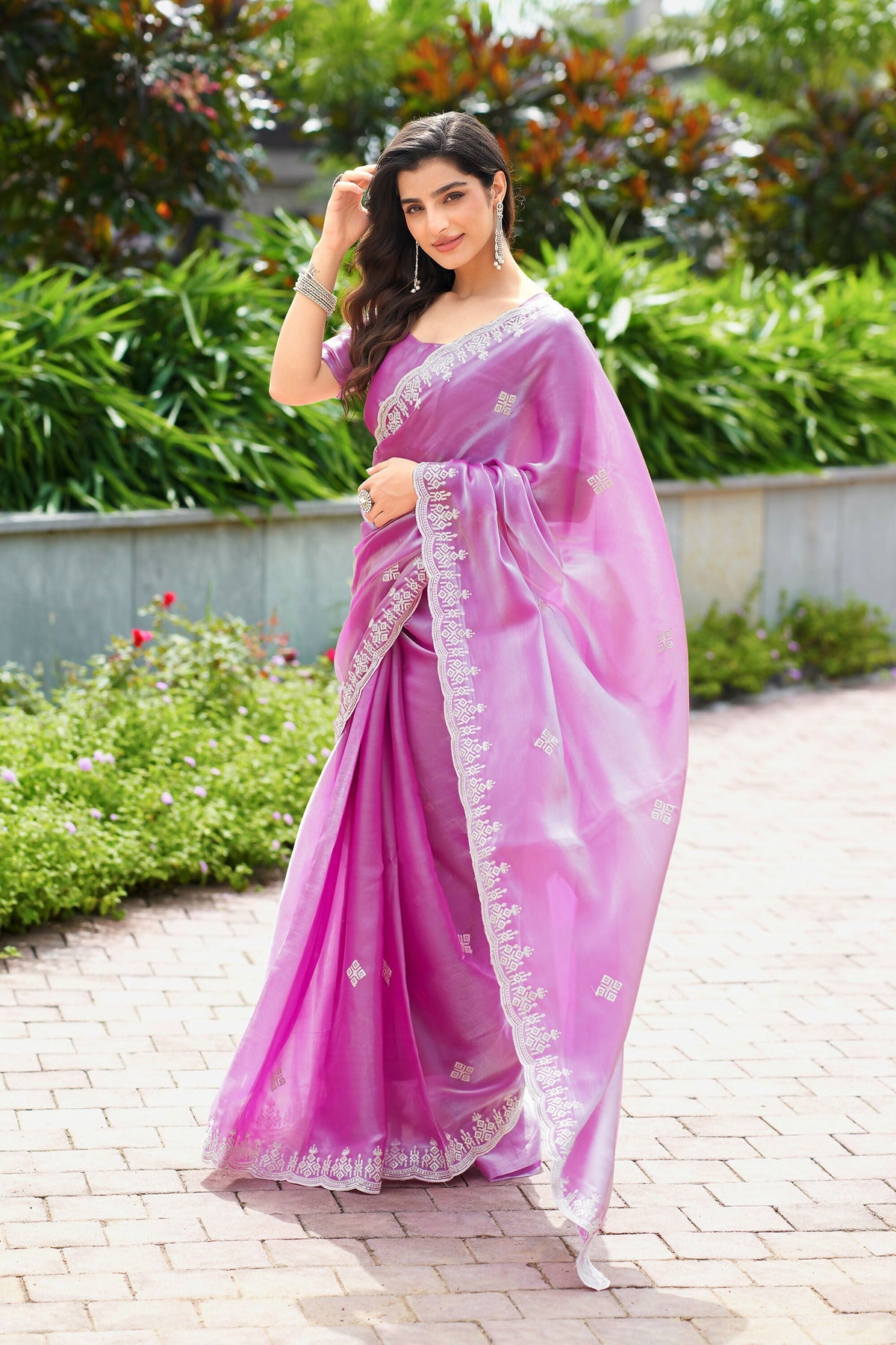 Vastranavya Light Pink Embroidery Work Shimmer Chiffon Saree with Unstitched Blouse | Grocsy