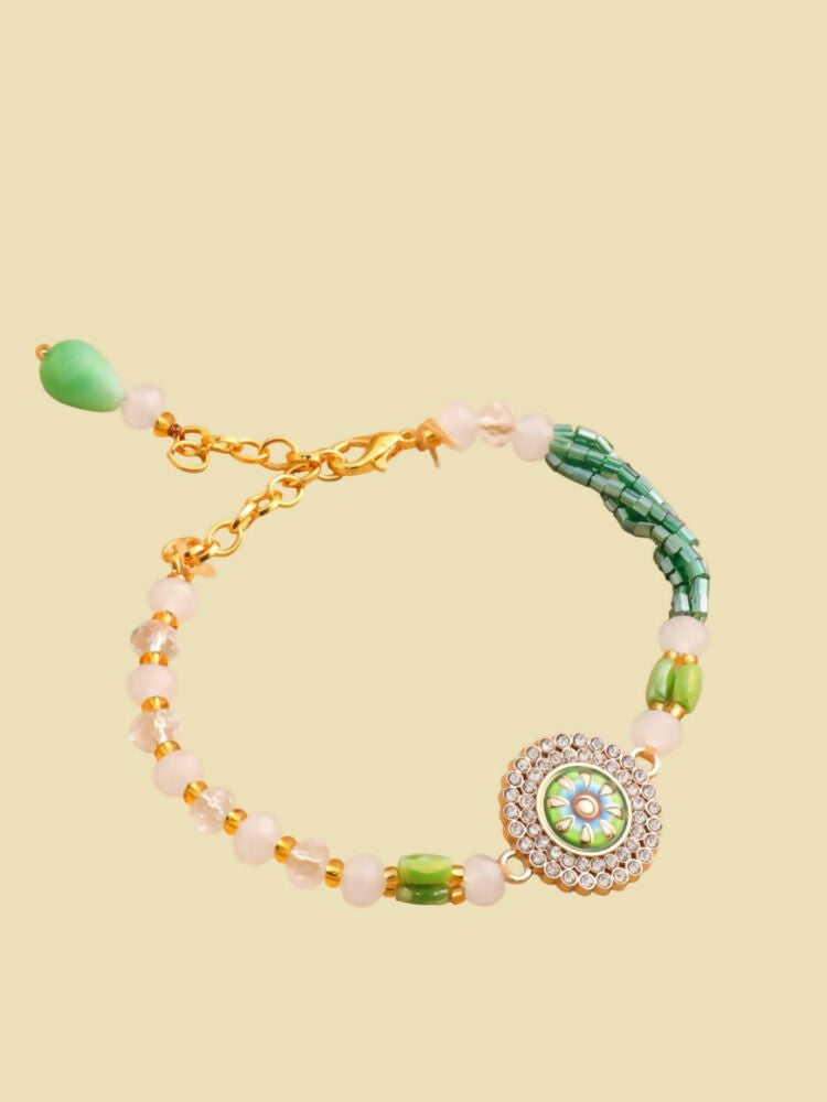 NVR Women Green Artificial Stones & Beads Floral Wraparound Bracelet | Grocsy