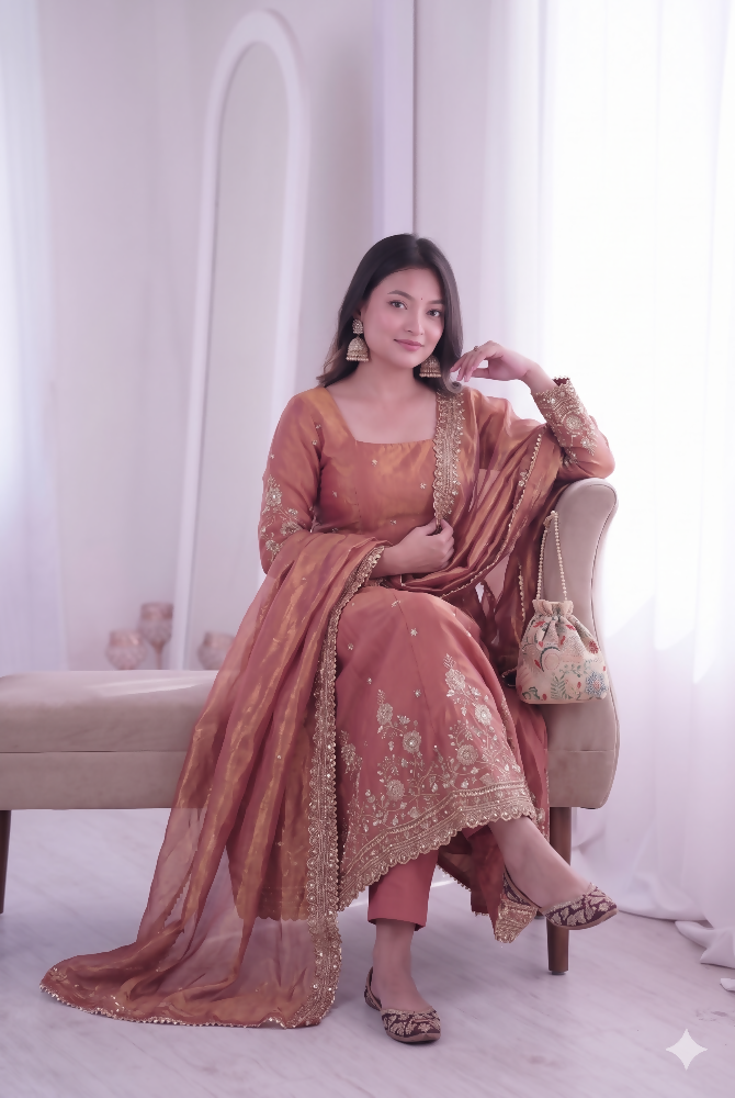 Teeya Creation Womens New Latest Trendy Elegant Peach Embroidered Anarkali Suit Set with Scalloped Dupatta | Grocsy