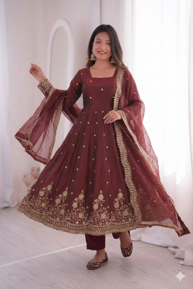 Teeya Creation Womens New Latest Trendy Elegant Maroon Embroidered Anarkali Suit Set with Scalloped Dupatta | Grocsy