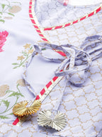 Ahalyaa Women Blue Crepe Pink & Gold Ethnic Print Angrakha Tunic | Grocsy