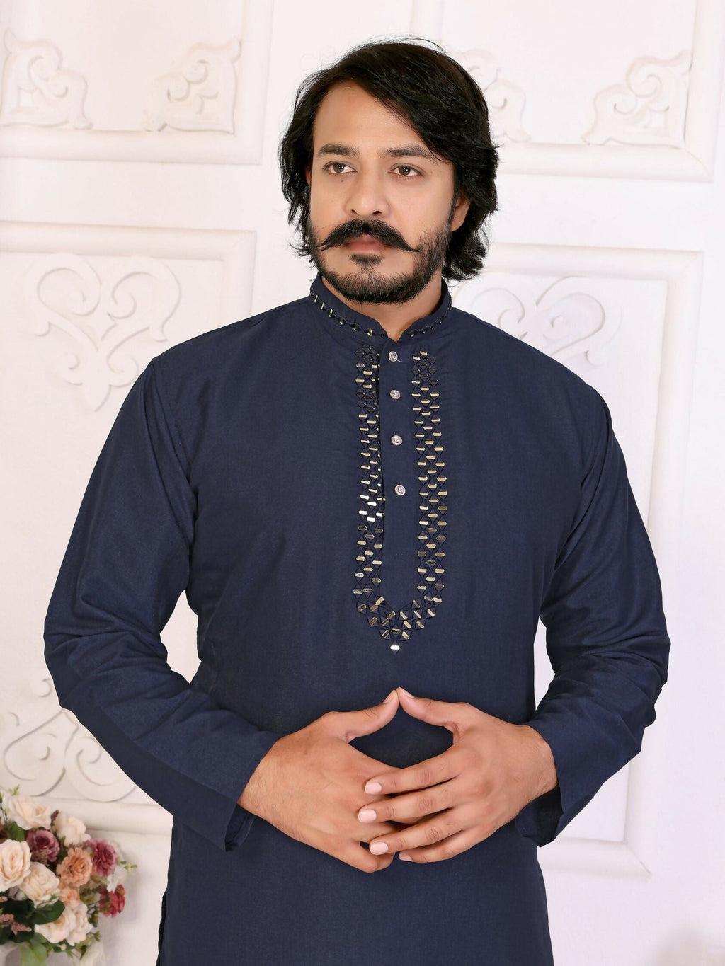 Anaita Navy Silk Straight Kurta With Neck Mirror Work | Grocsy