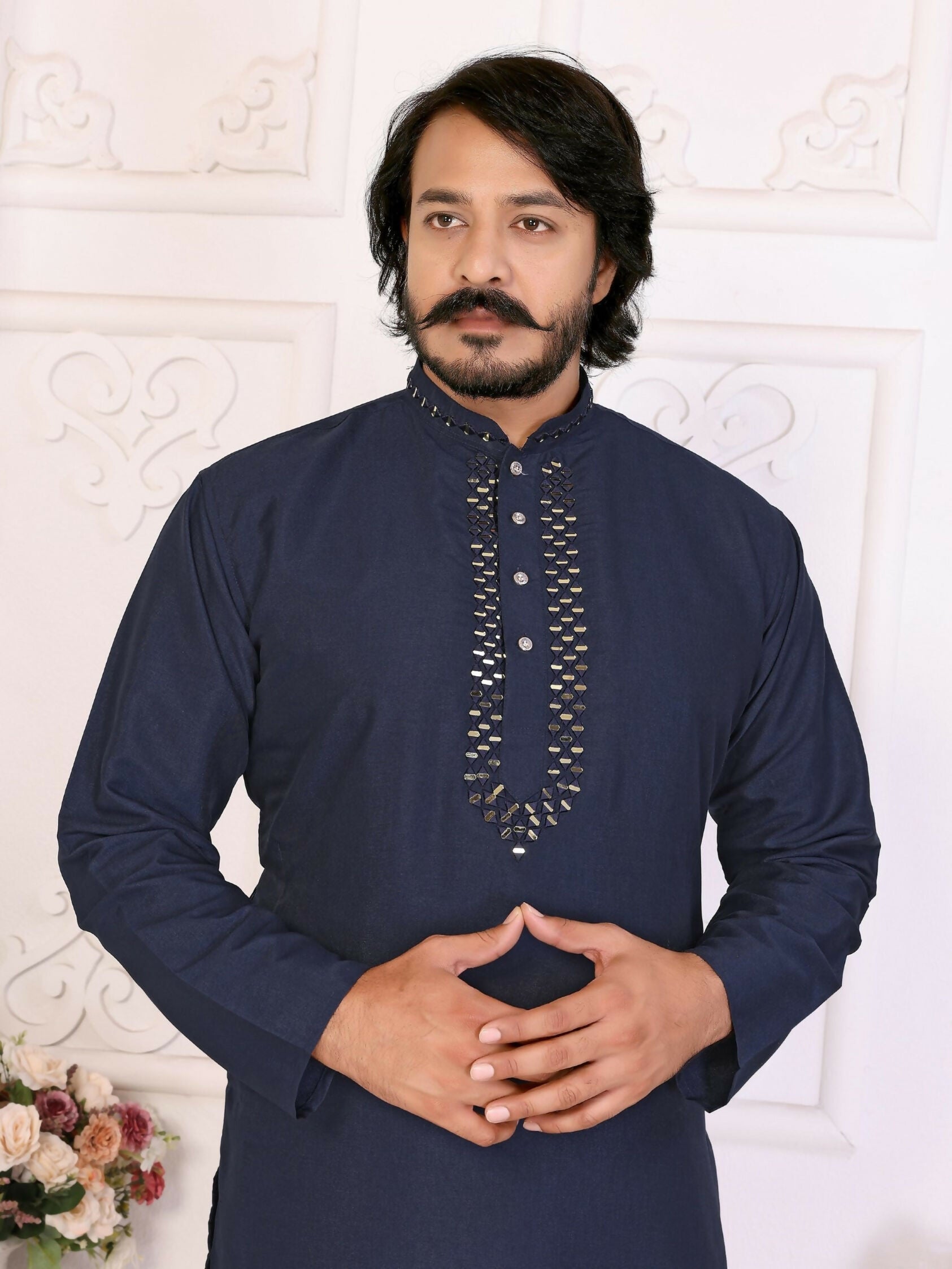 Anaita Navy Silk Straight Kurta With Neck Mirror Work | Grocsy