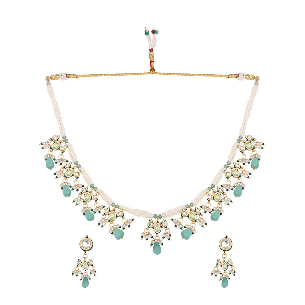 Nuyug 22K Gold Plated Pearl Empress Flora Green Stone Drops Necklace Set | Grocsy