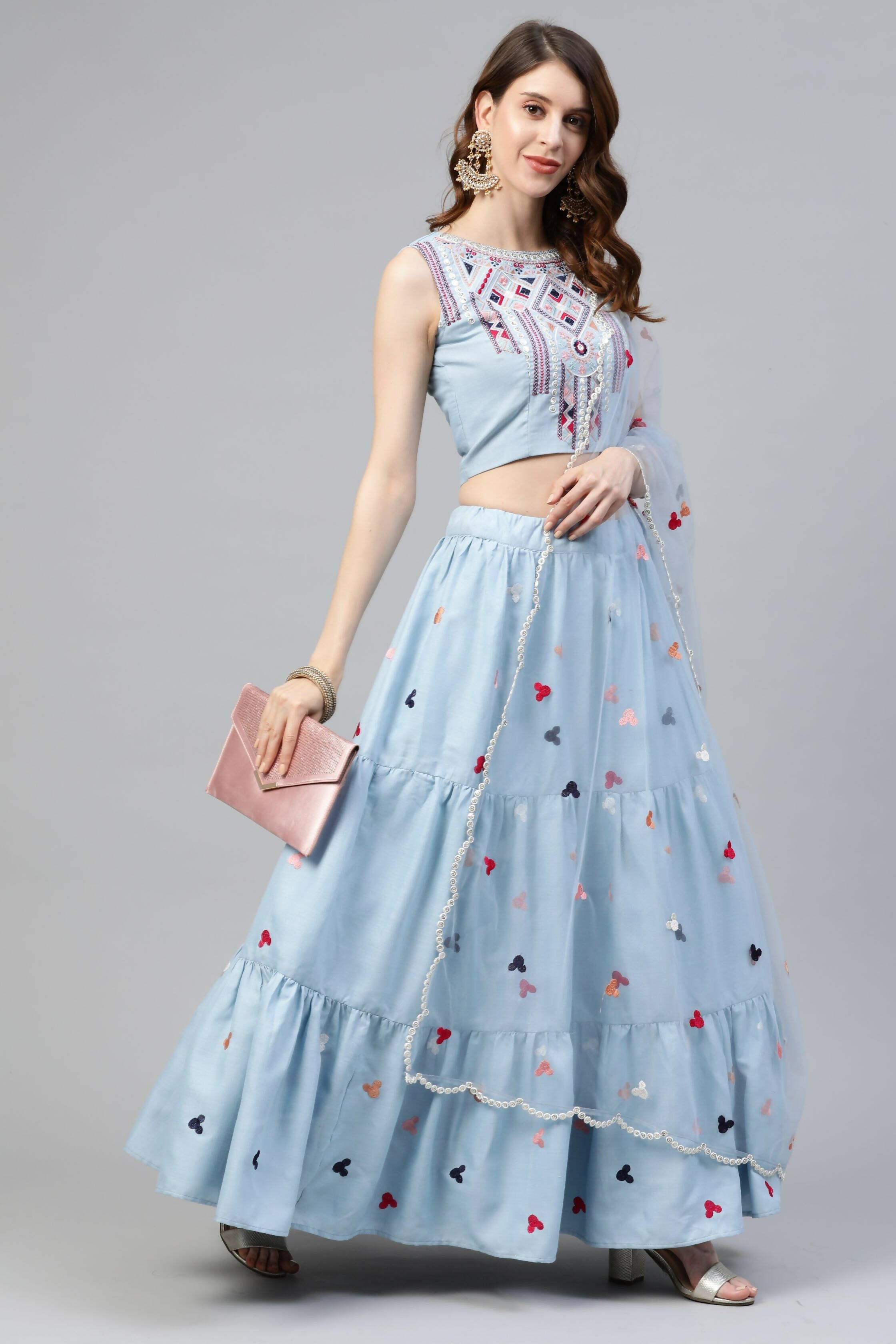 Sky Blue Cotton Embroidered Work Lehenga Choli with Dupatta - Jivika | Grocsy