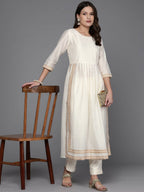 Ahalyaa Women Printed Pleated Kurta with Trousers - Off White Color | Grocsy