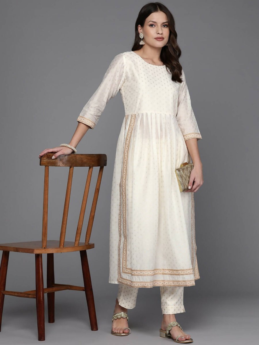 Ahalyaa Women Printed Pleated Kurta with Trousers - Off White Color | Grocsy