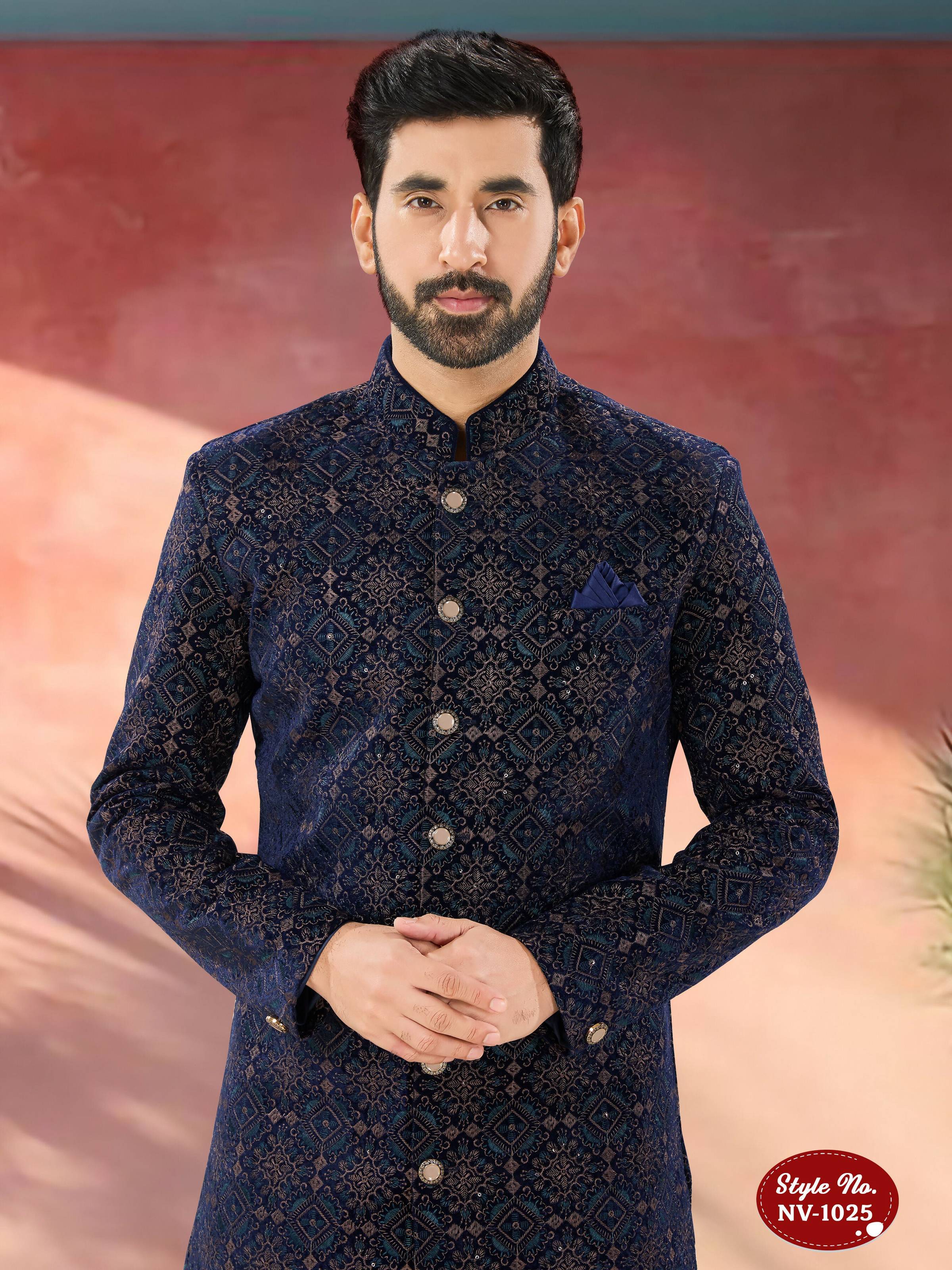 Joban Fashion Men's Blue Base Straight Velvet Thread And Sequence Embroidary All Over Indo-Western Kurta Set | Grocsy