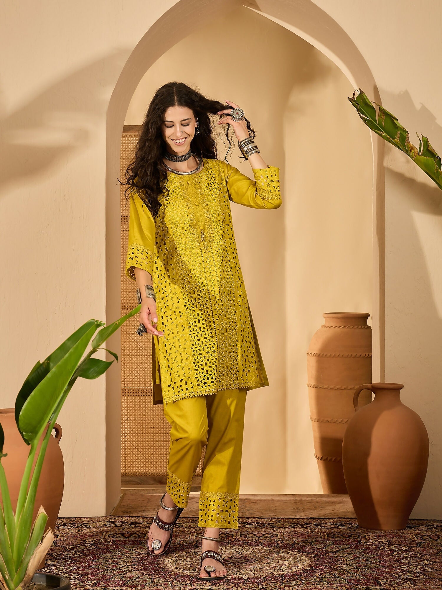 Joban Fashion Embroidery Mustard Pure Cotton Cord Set | Grocsy