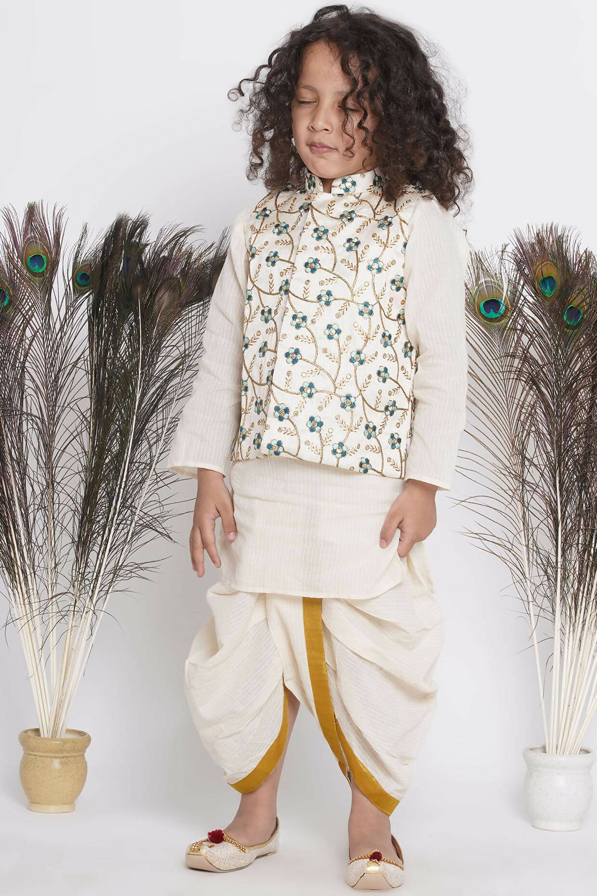 Little Bansi Banarsi Silk Blue Floral Embroidery Jacket With Cotton Kantha kurta And Kantha Dhoti - Cream | Grocsy