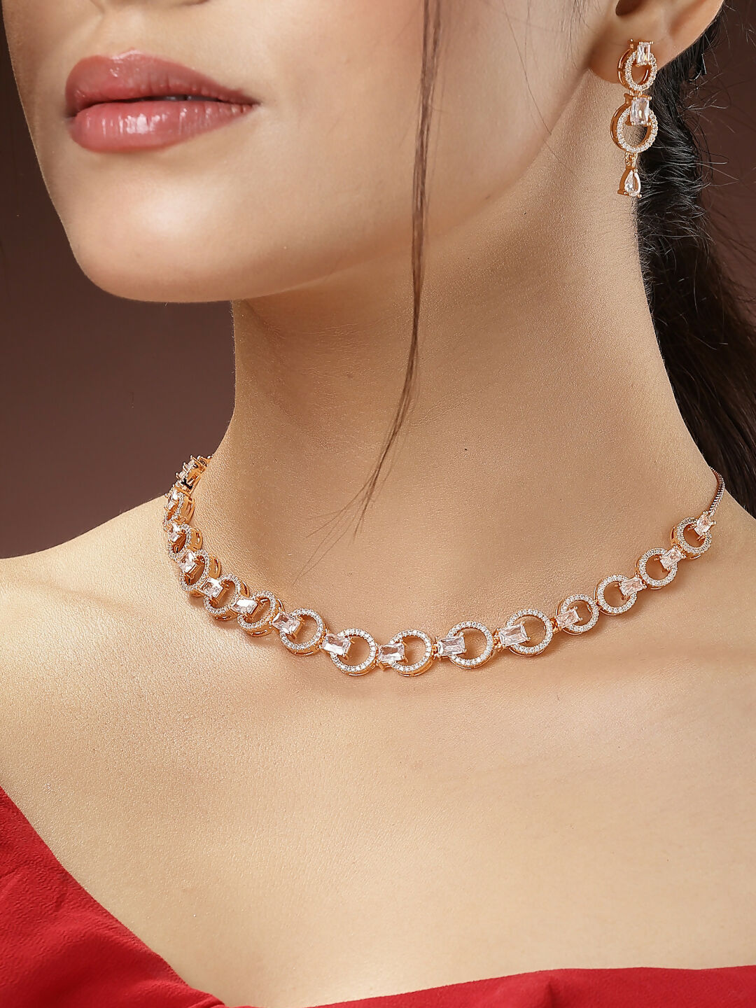 NVR Women's Gold-Polished American Diamond Studded Handcrafted Jewellery Set | Grocsy