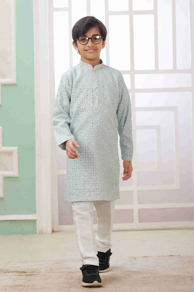 Raivat Ethnic Art Silk Embroidery Work Kids Kurta Pajama In Mint Green Colour | Grocsy