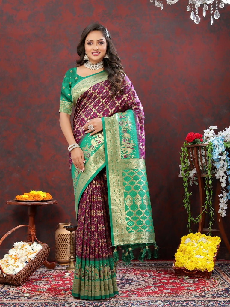 Vastranavya Purple Soft Patola Silk With Meenakari Weaving Motifs And Rich Zari Weaving Pallu Saree With Matching Blouse Fabric | Grocsy