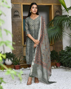 Vaasva Women's Chanderi Printed Suit Set With Pant And Printed Dupatta | Grocsy